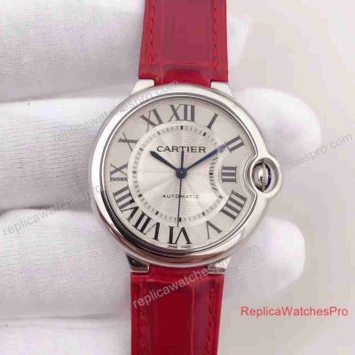 Replica Ballon Bleu DE Cartier Silver Roman Dial Red Leather band Design Watch